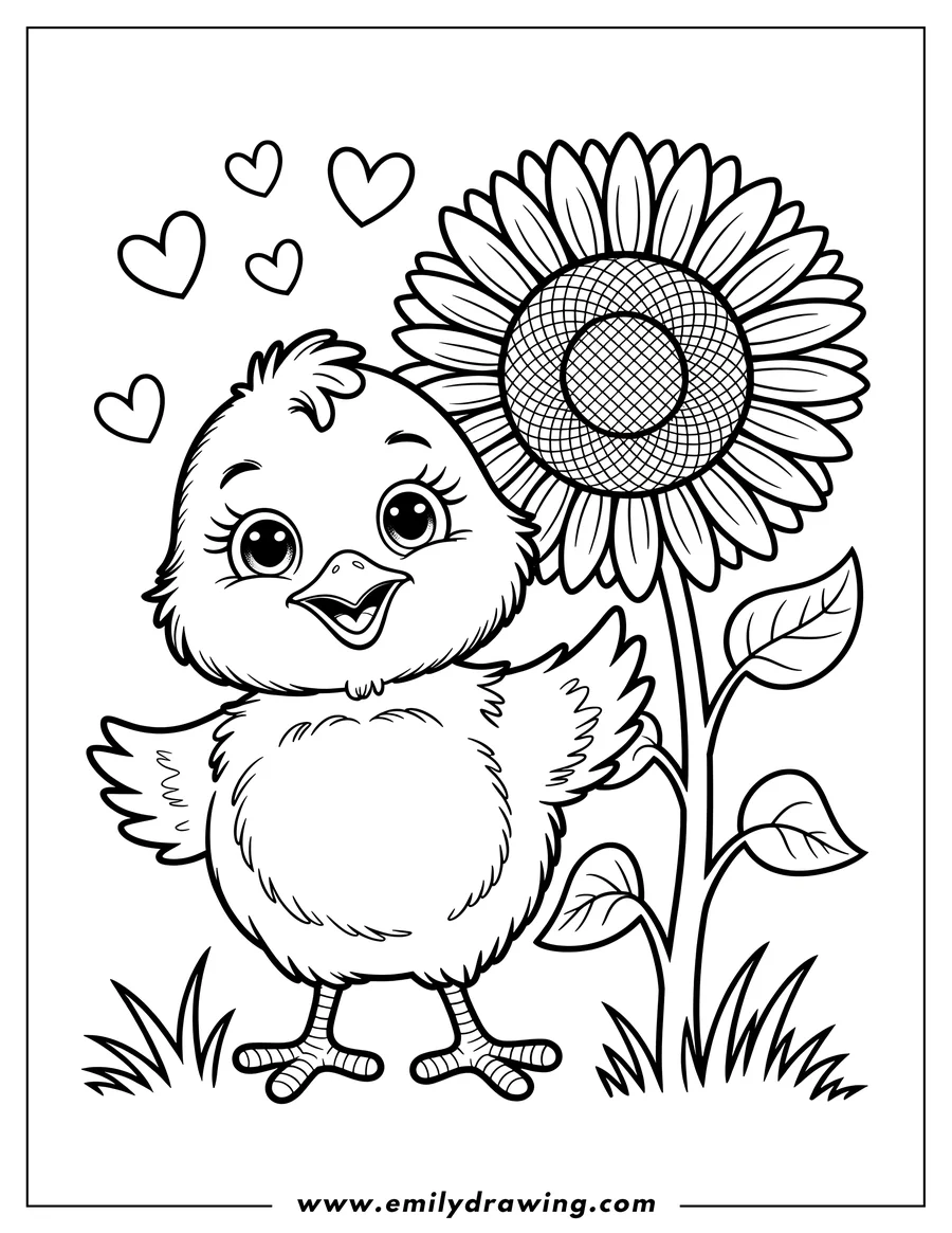 Outline of a fluffy chick standing next to a tall sunflower with hearts floating above.