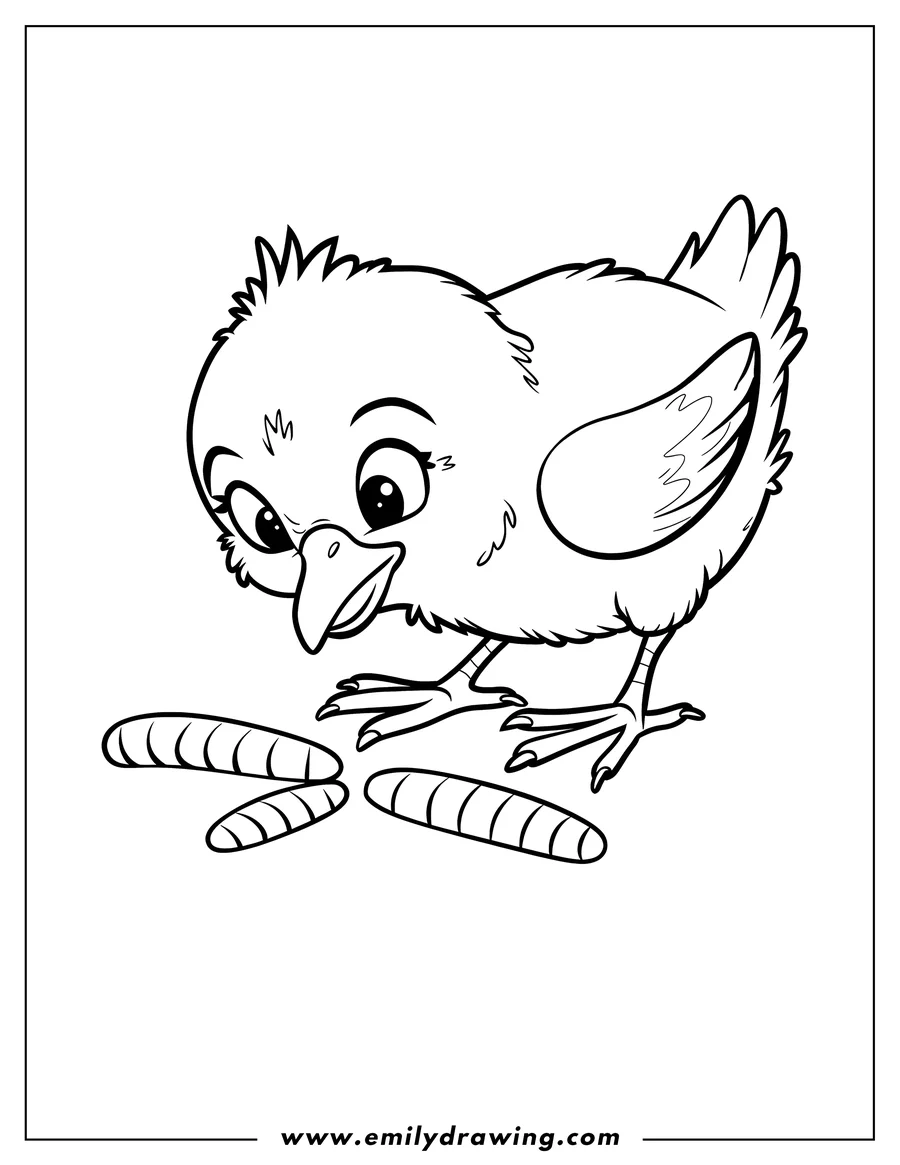 Outline of a baby chick looking at three worms on the ground.