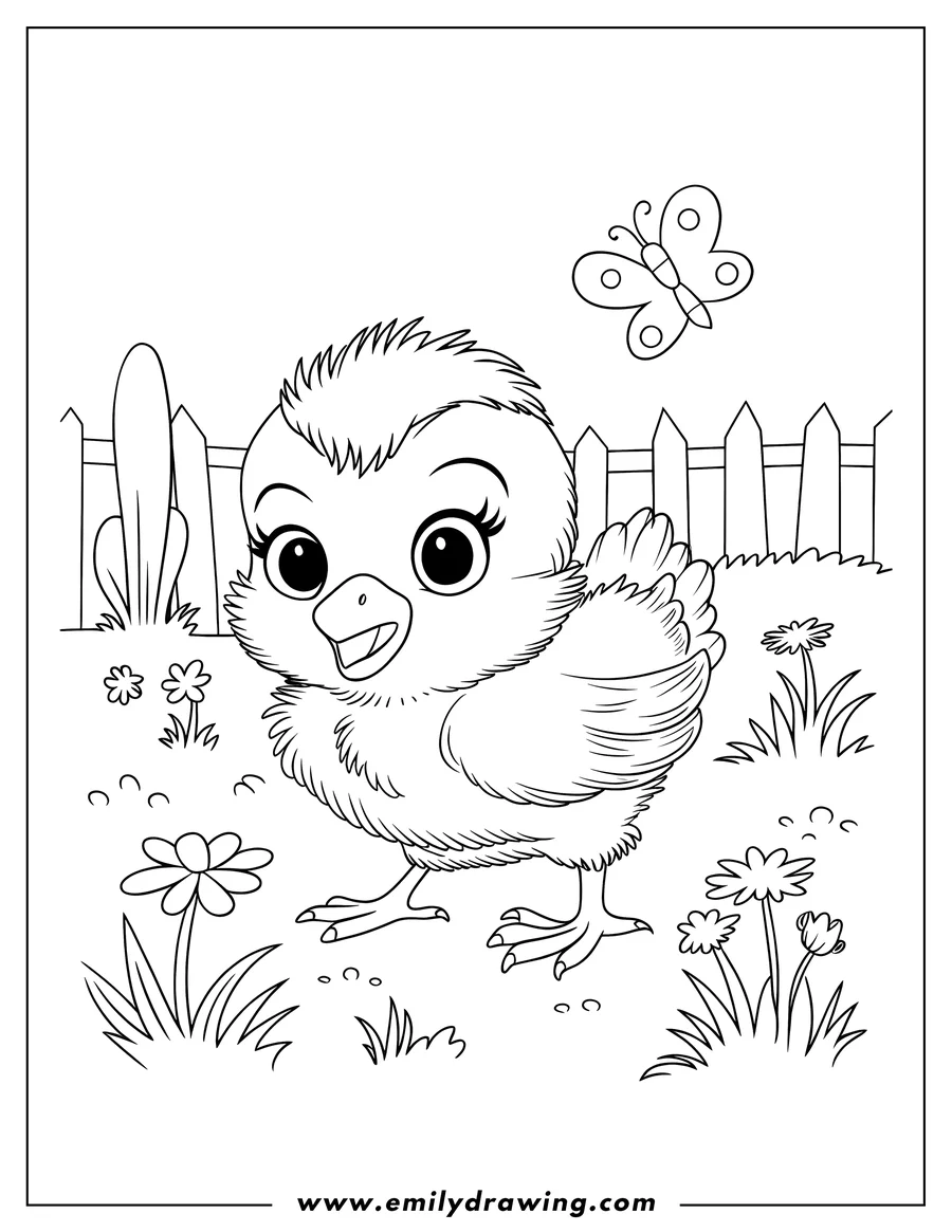 Outline of a fluffy chick walking near a wooden fence in a garden with flowers and a butterfly