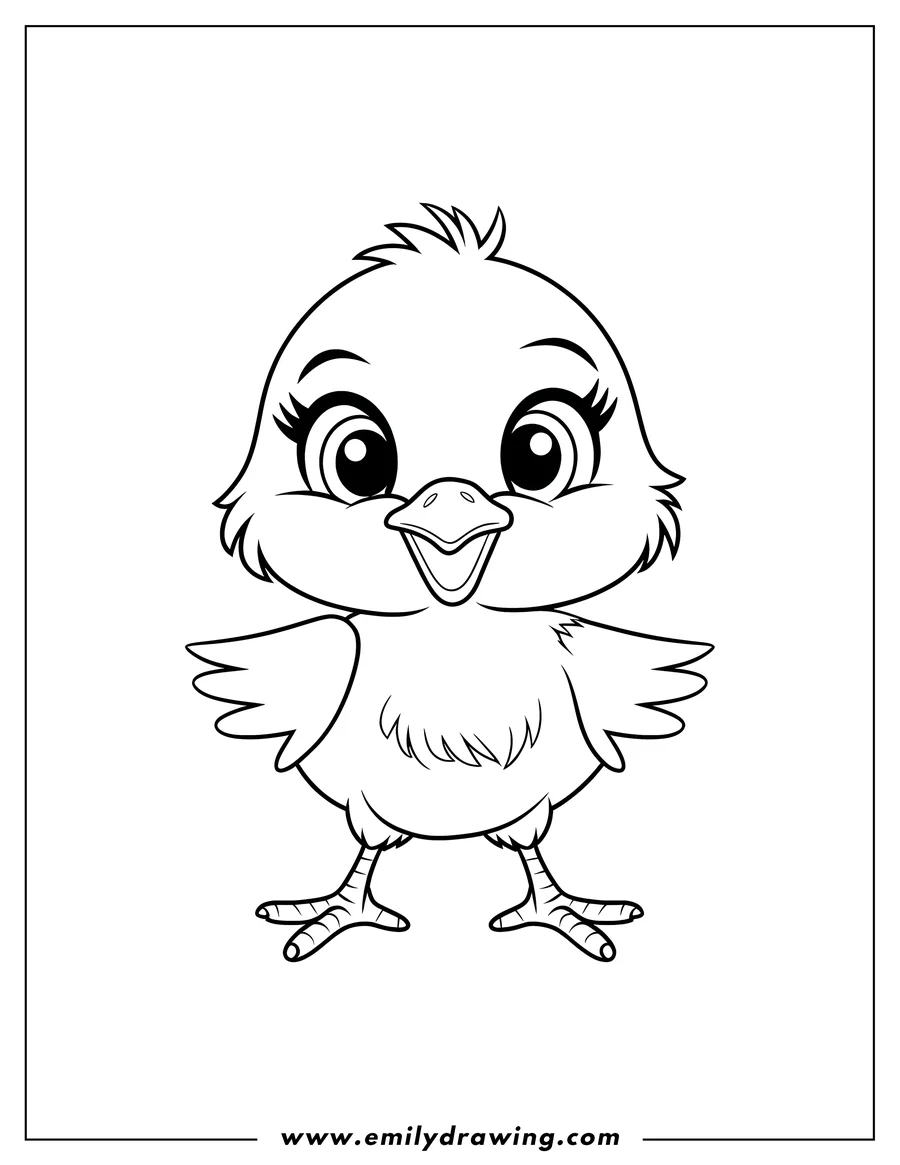 Outline of a small, fluffy chick with large eyes and a cheerful expression.