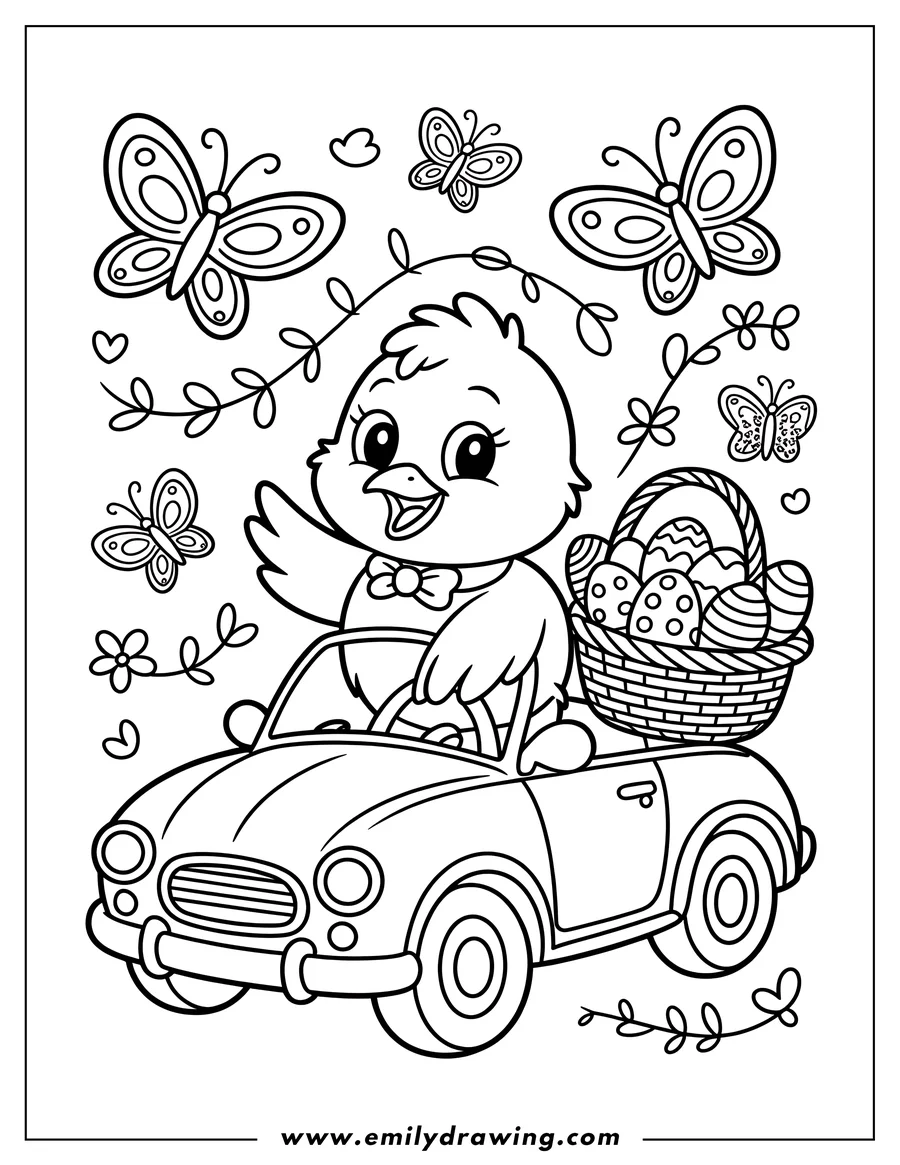 Outline of a chick driving a vintage car with a basket of decorated Easter eggs on the back. Butterflies and flowers decorate the scene.
