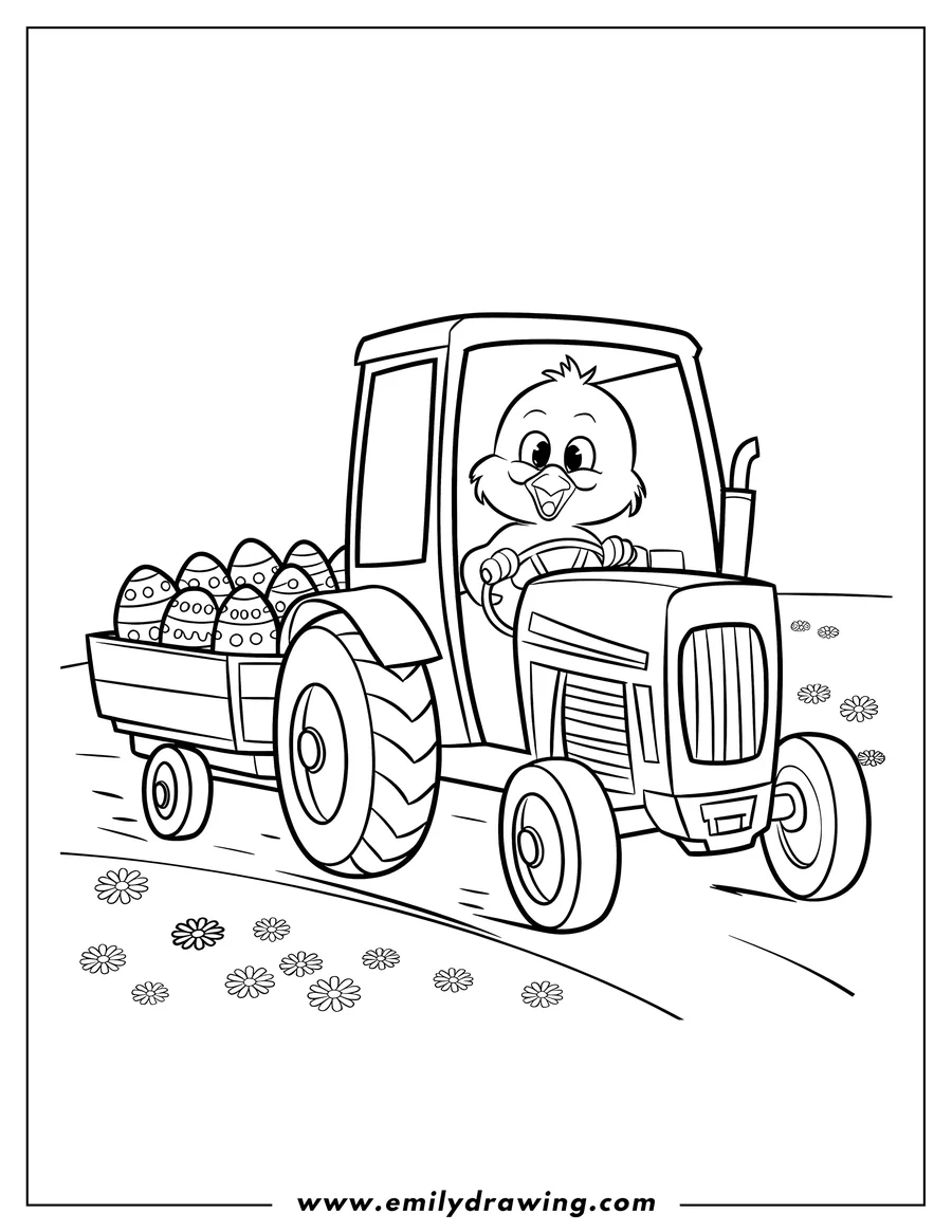 Outline of a baby chick driving a tractor pulling a trailer full of decorated Easter eggs.