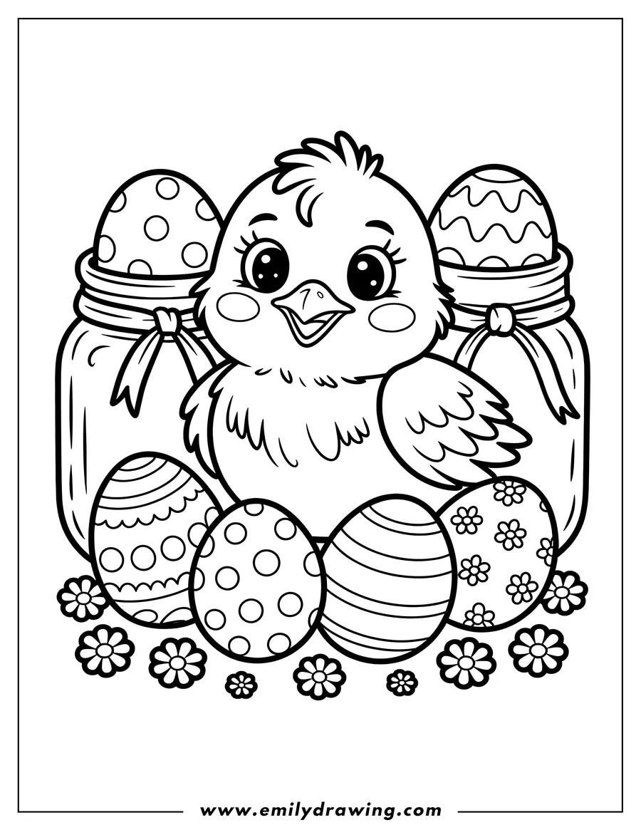 Outline of a chick surrounded by decorated Easter eggs and flowers. Two decorated Easter eggs are in glass jars behind the chick.