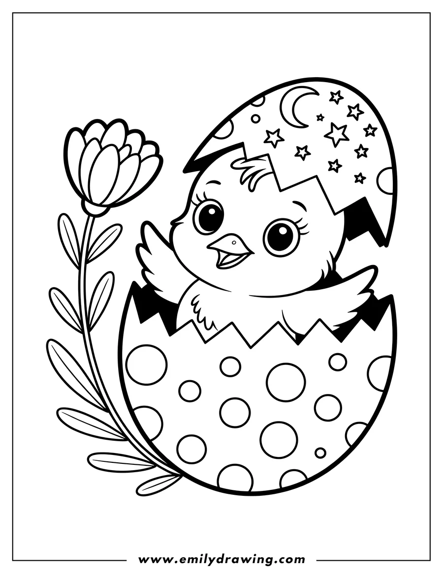 Outline of a chick hatching from a decorated egg with a flower beside it.