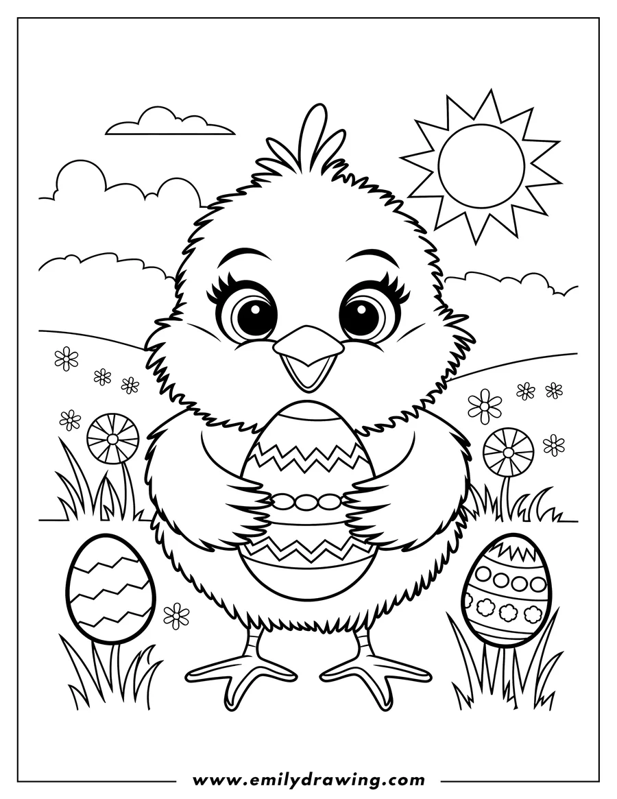 Outline of a fluffy chick holding a decorated Easter egg, with two more eggs nestled in the grass nearby and a bright sun overhead.
