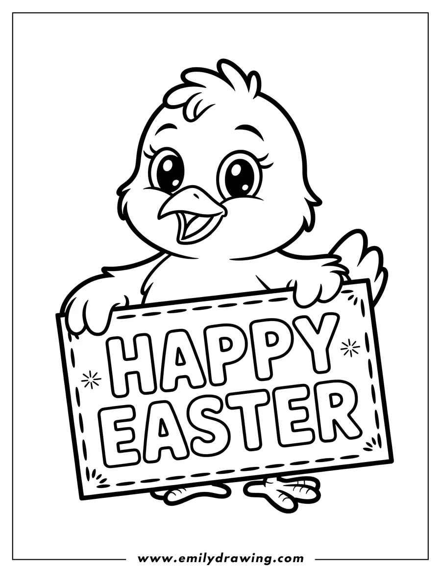 Outline of a chick holding a sign that says Happy Easter.