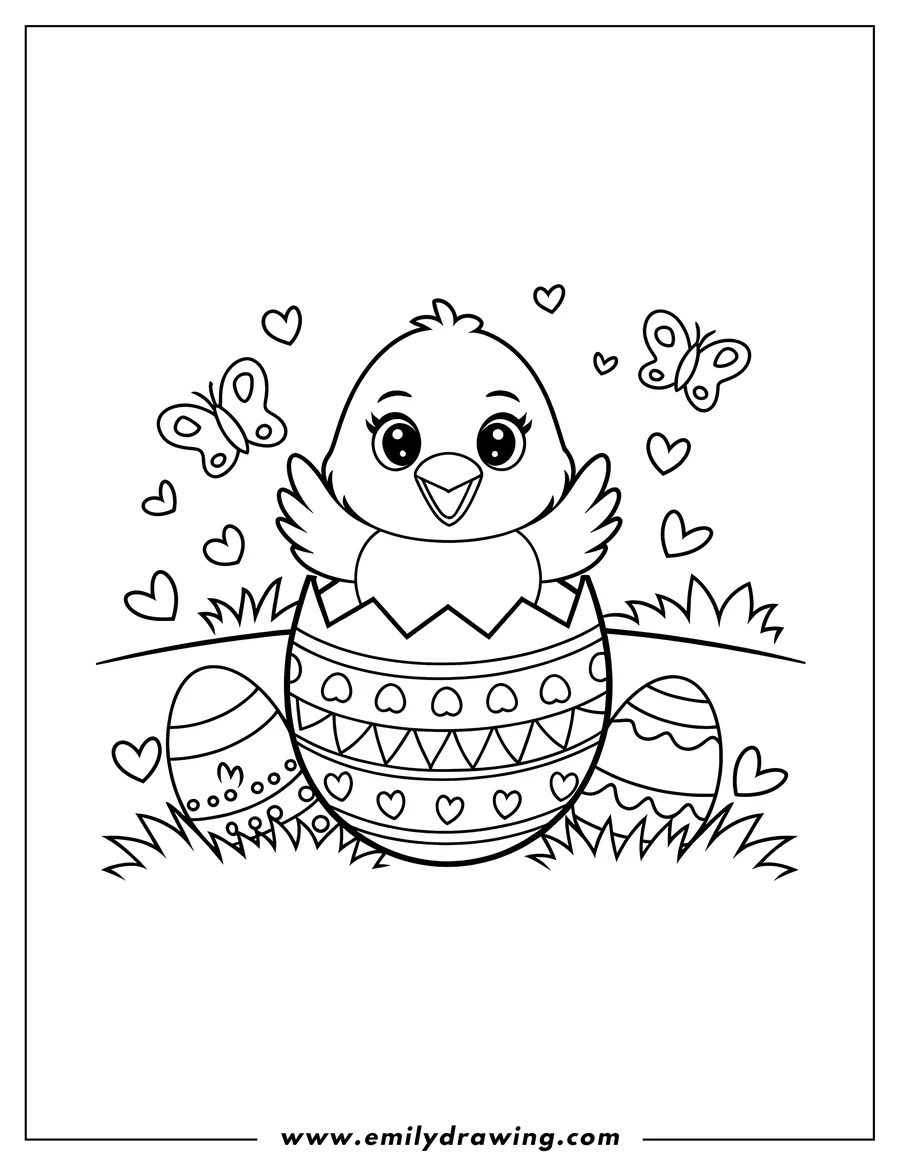 Outline of a chick hatching from a decorated egg, surrounded by two other decorated eggs, butterflies, and hearts.