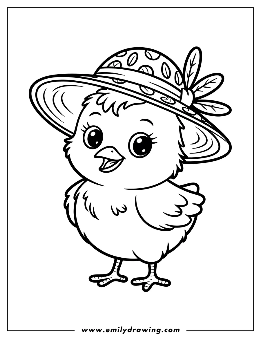 Line art of a chick wearing a large, decorated hat with a polka dot pattern and feathers.