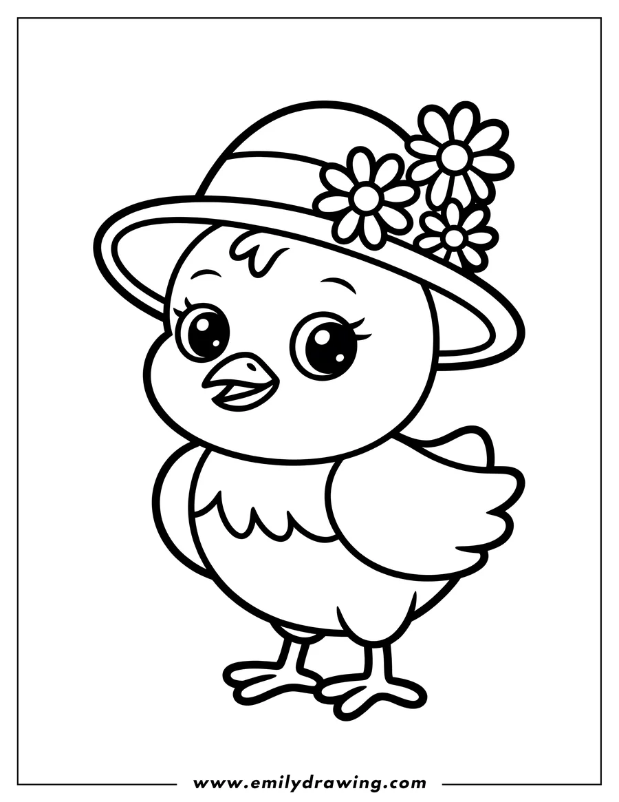 Outline of a baby chick wearing a hat decorated with flowers.