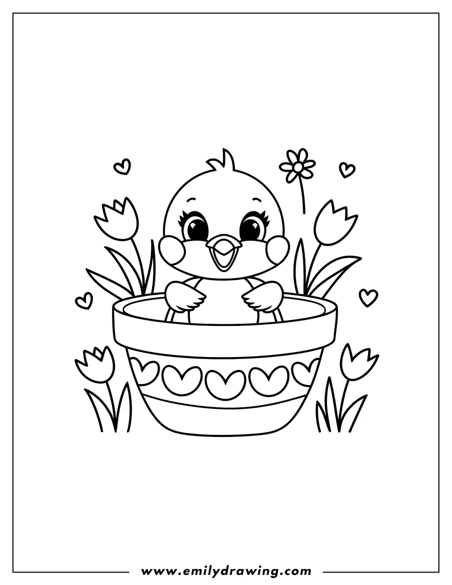Outline of a baby chick sitting in a flower pot surrounded by tulips and a daisy.