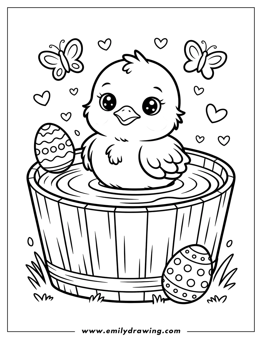 Outline of a baby chick sitting in a wooden tub with Easter eggs and butterflies.