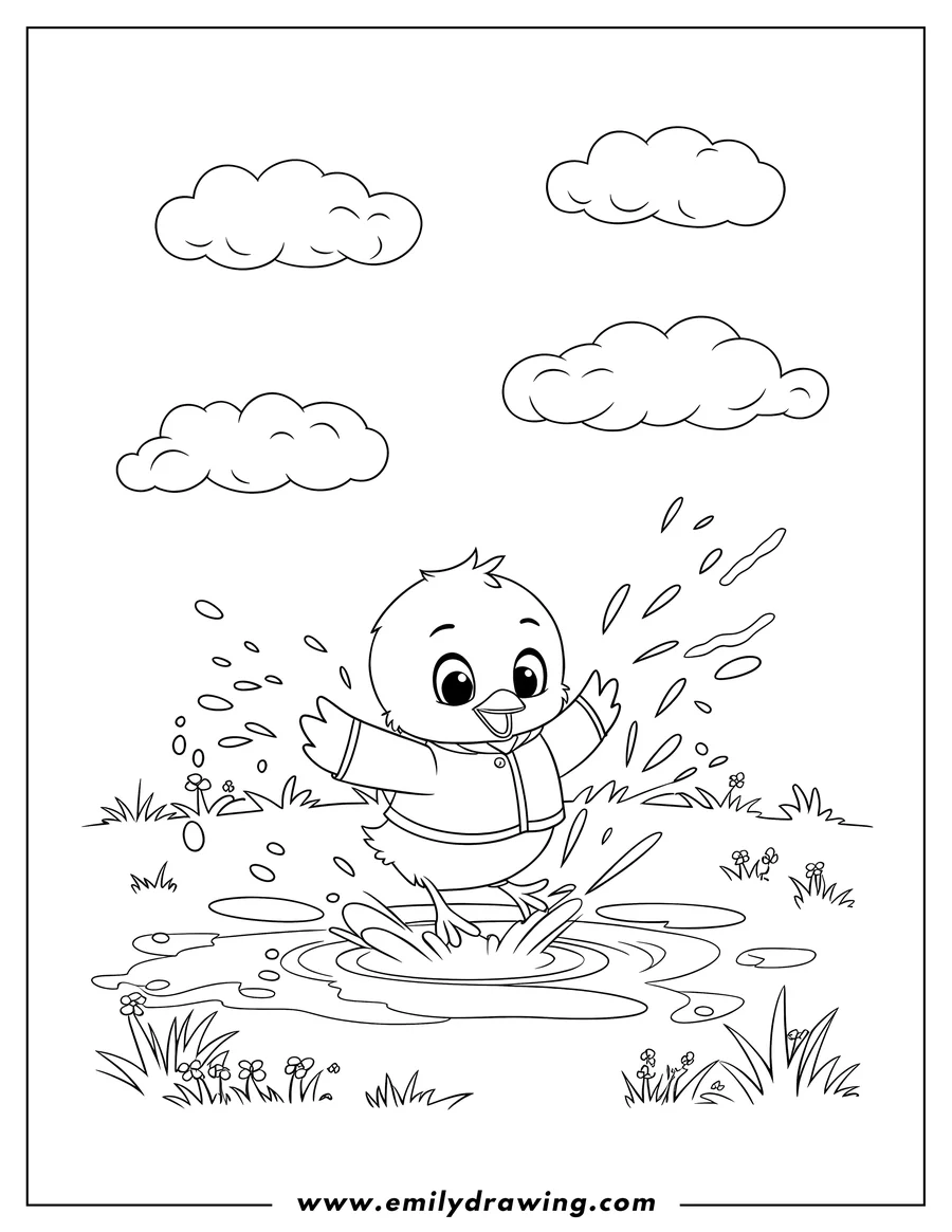 Outline of a chick wearing a jacket jumping in a puddle, splashing water around, with grass and flowers surrounding the puddle and clouds in the sky.