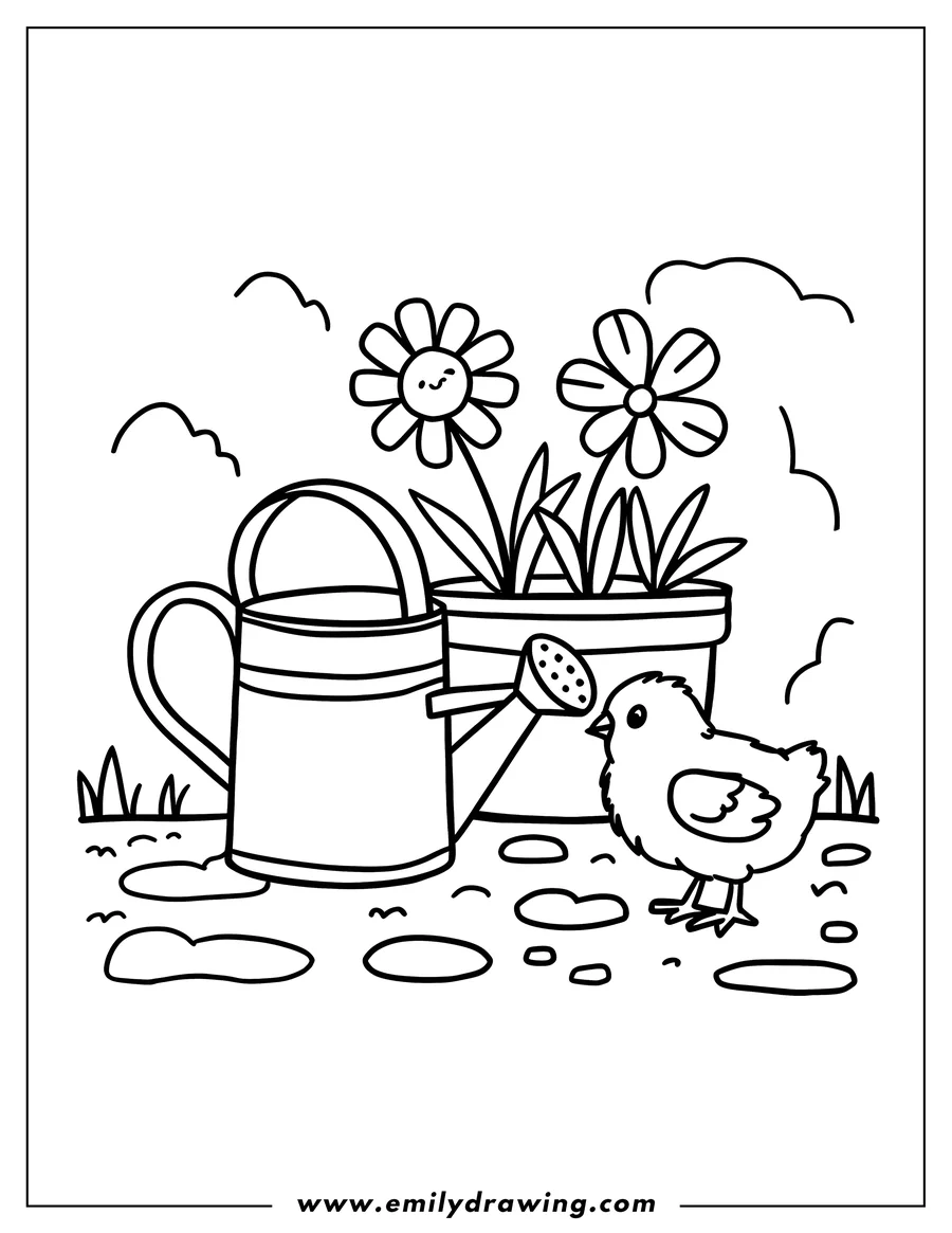 Outline of a chick standing near a watering can, a flower pot, and some puddles.