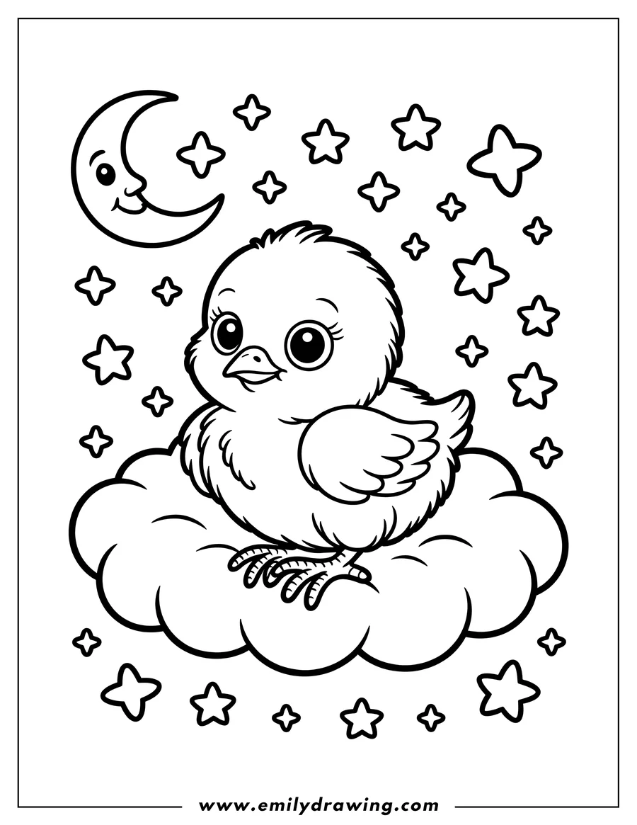 Outline of a baby chick sitting on a cloud, beneath a smiling crescent moon and stars.