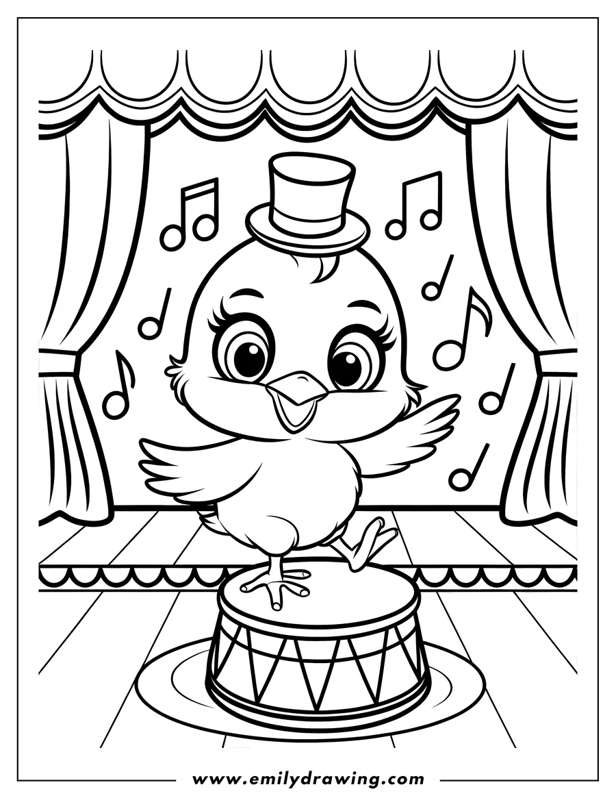 Outline of a chick wearing a top hat and standing on a drum on stage, with musical notes floating around
