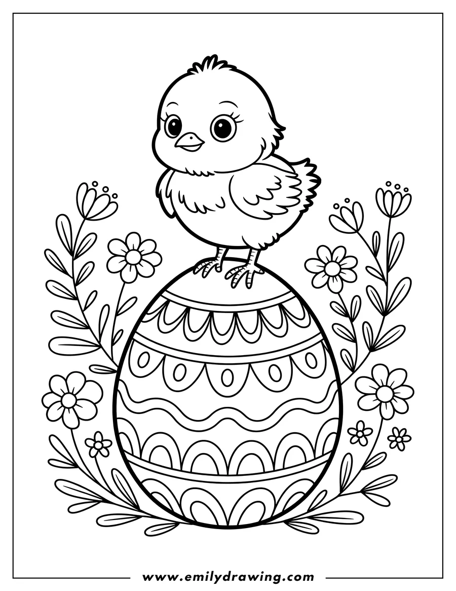 Outline of a baby chick perched on a decorated Easter egg, surrounded by simple flowers.