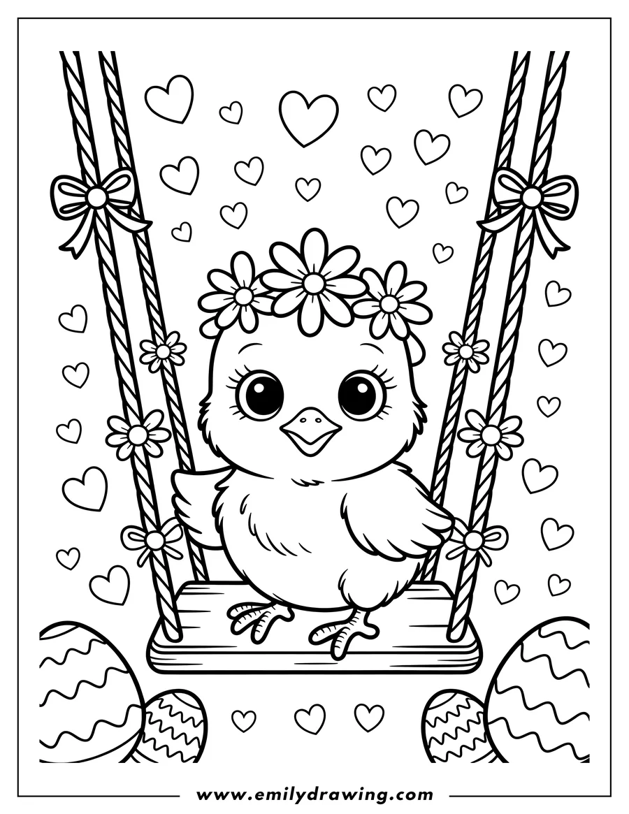 Outline of a baby chick with a flower crown, swinging on a decorated swing with Easter eggs below.