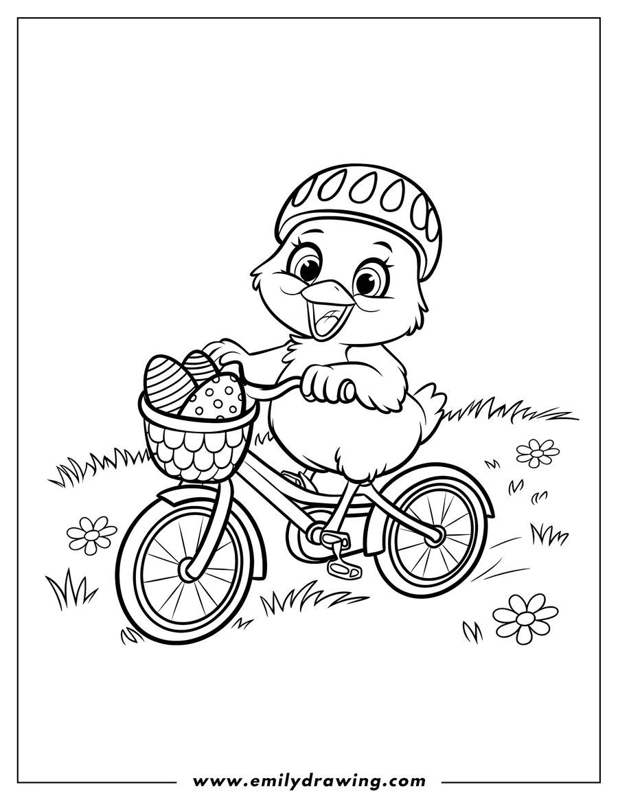 Outline of a chick wearing a helmet and riding a bike with a basket of Easter eggs.
