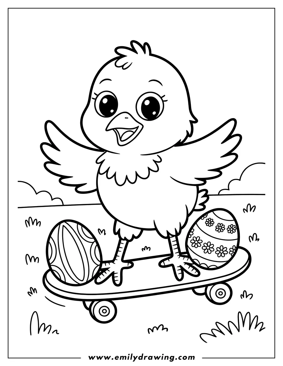 Line art of a baby chick riding a skateboard with two decorated Easter eggs. The chick is smiling and looks excited.