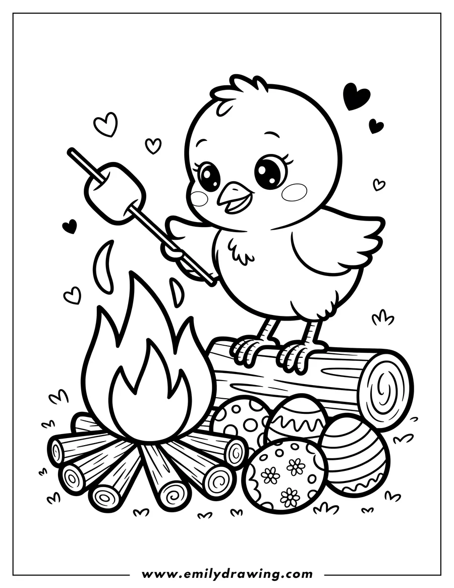 Outline of a chick roasting a marshmallow over a campfire, with decorated Easter eggs nearby.