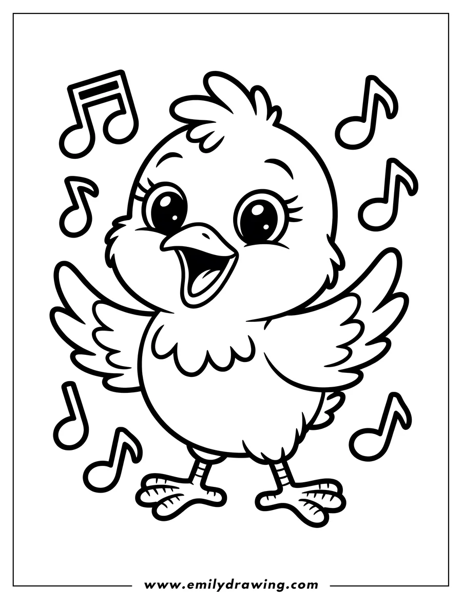 Outline of a cheerful chick singing, surrounded by musical notes.