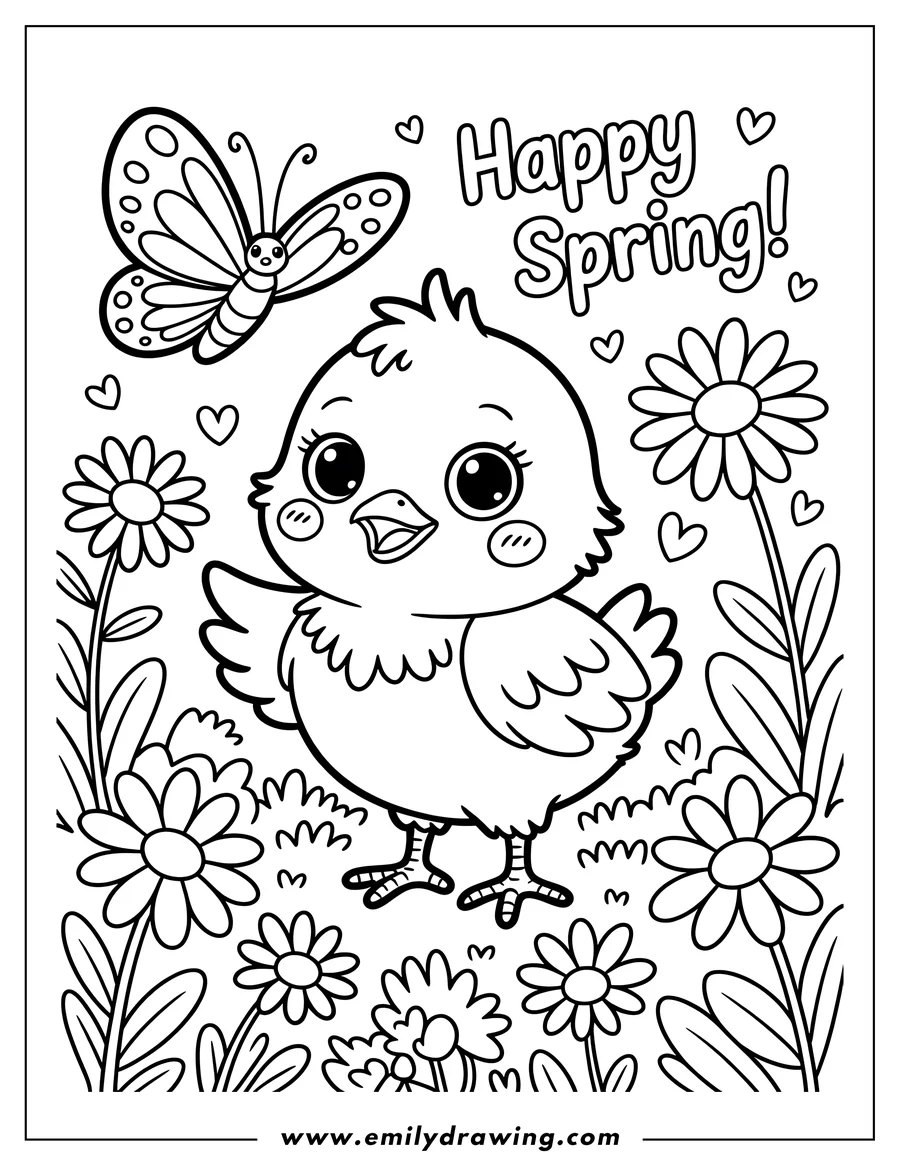 Line art of a baby chick standing amongst spring flowers with a butterfly nearby. Text reads 'Happy Spring!'