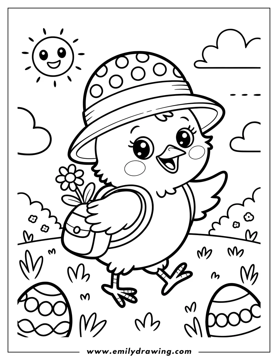 Outline of a baby chick wearing a polka dot hat and carrying a backpack with a flower in it. Easter eggs and grass are visible in the background.