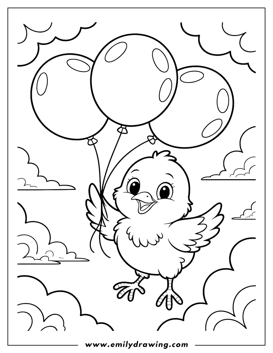 Line art of a baby chick holding three balloons, floating against a cloudy sky background.