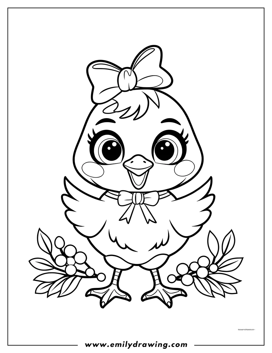 Outline of a chick wearing two bows, one on its head and one on its chest, standing near berry branches.