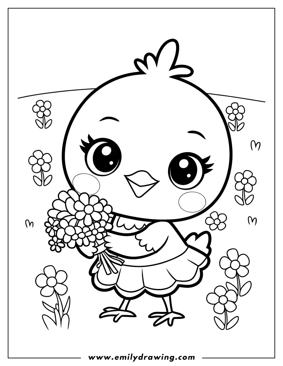 Outline of a cute chick holding a bouquet of flowers in a field of flowers.