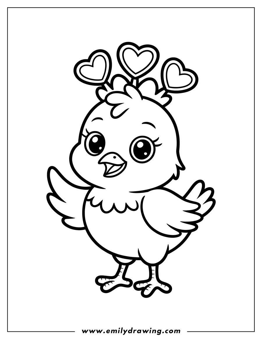 Outline of a baby chick with three hearts floating above its head. The chick has large, friendly eyes and appears to be waving.