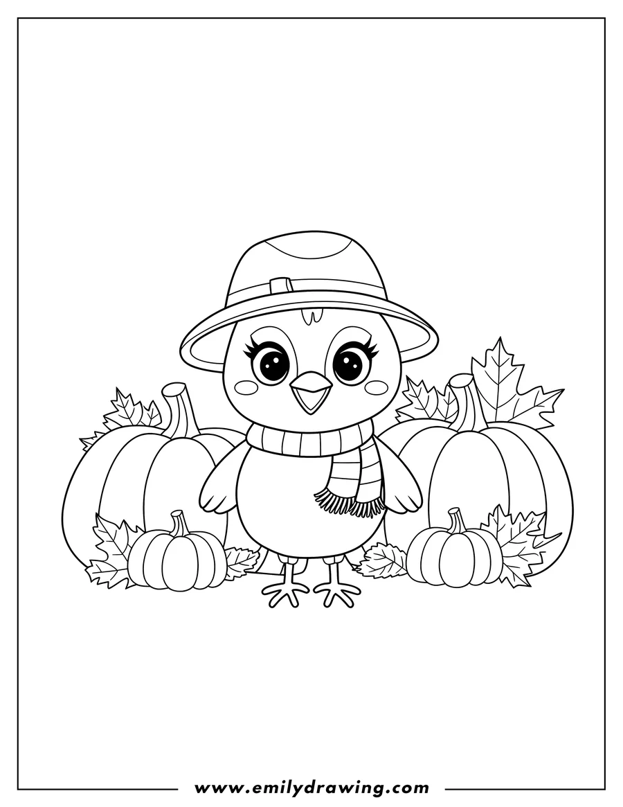 Outline of a chick wearing a hat and scarf, standing near pumpkins and autumn leaves.