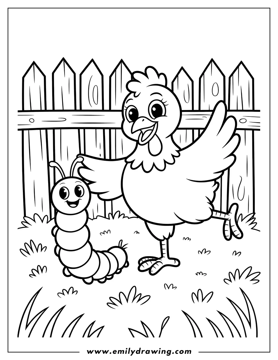 Outline of a cheerful chicken and a caterpillar near a wooden fence in a grassy area.