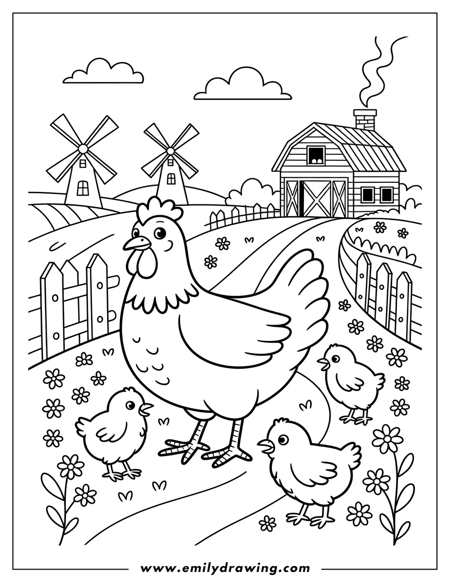 Outline of a hen with three chicks on a farm, with a barn and windmills in the background.