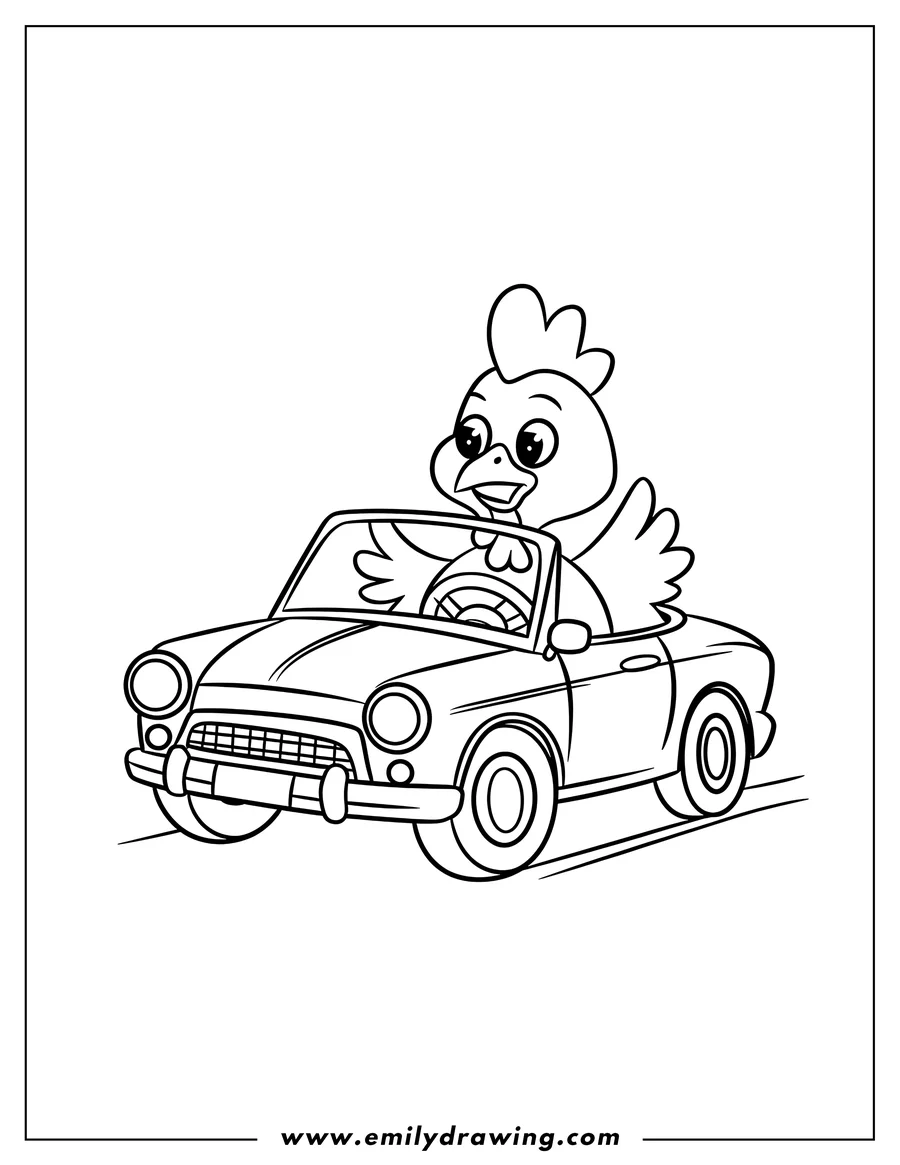 Outline of a chicken driving a convertible car.