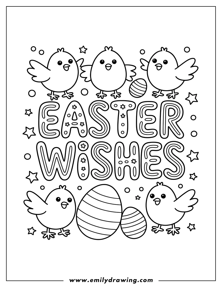 Four chicks surround the words 'Easter Wishes' with decorated Easter eggs.