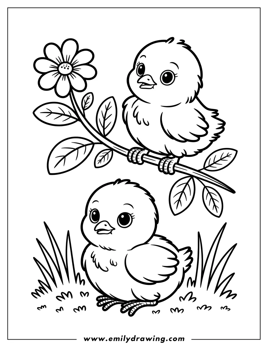 Two chicks, one perched on a flowering branch and the other standing in grass.
