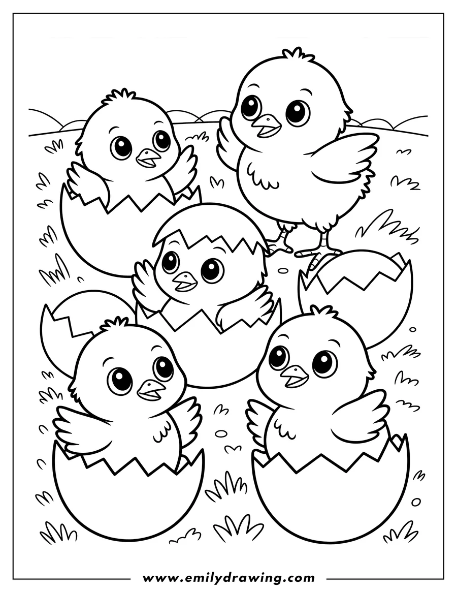 Outline of five baby chicks hatching from their eggs. One chick has fully emerged, while others are still peeking out of their cracked shells.