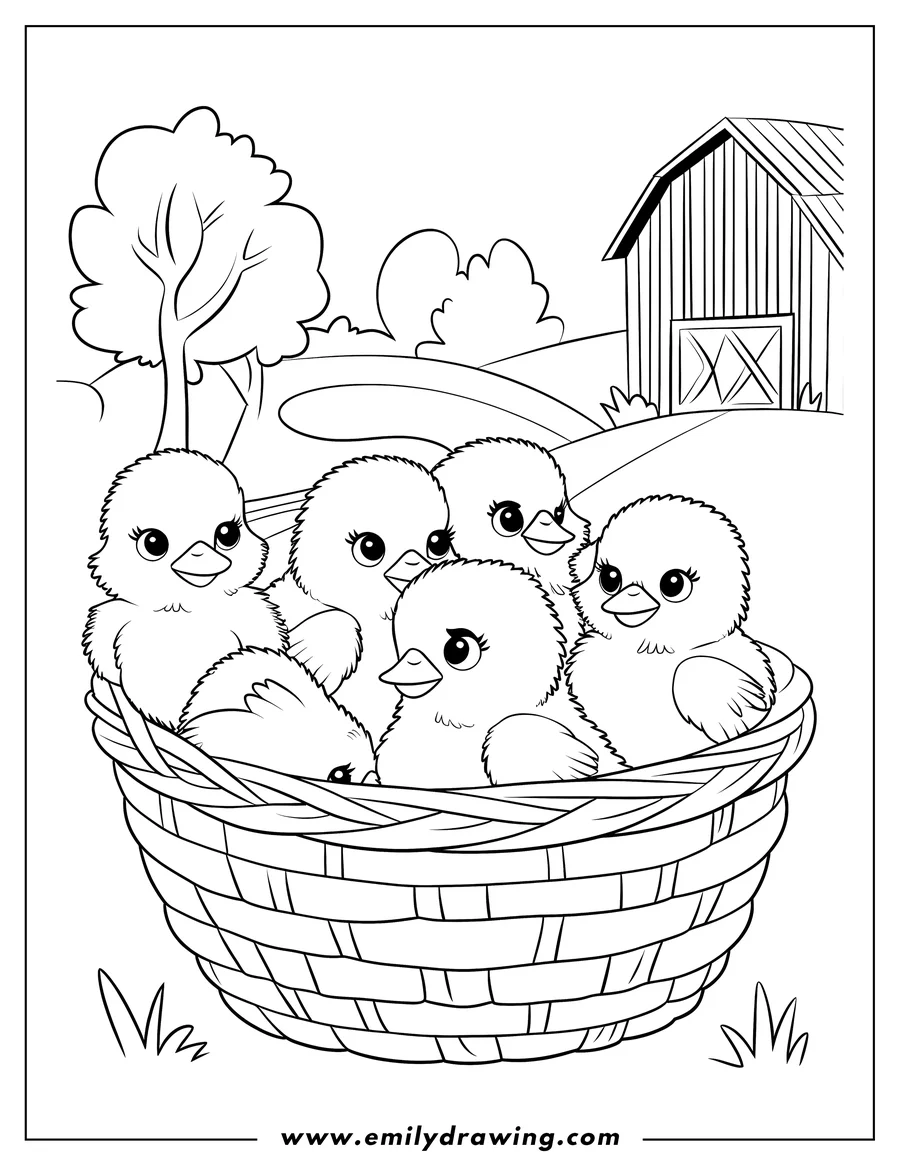 Outline of five baby chicks nestled together in a woven basket on a farm. A barn and tree are visible in the background.
