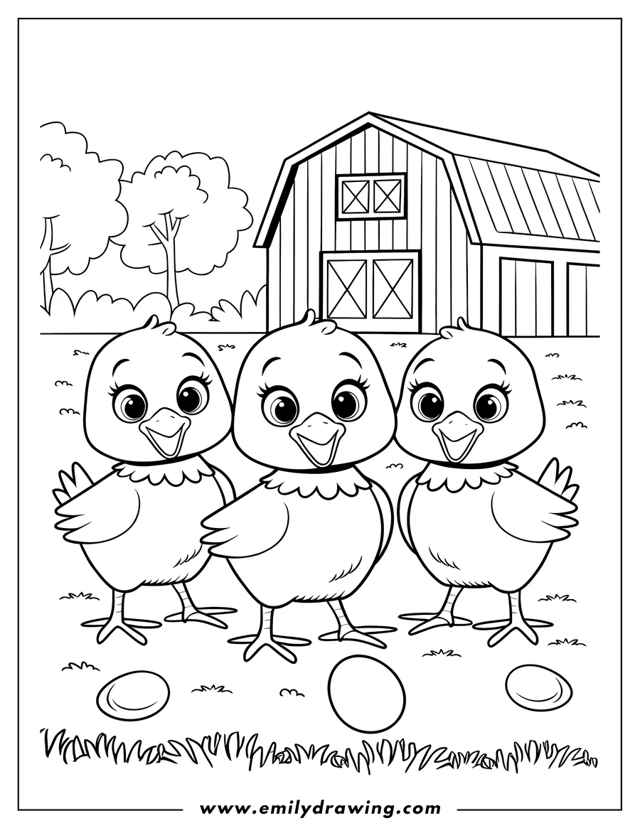 Three baby chicks standing on grass near a barn and trees.