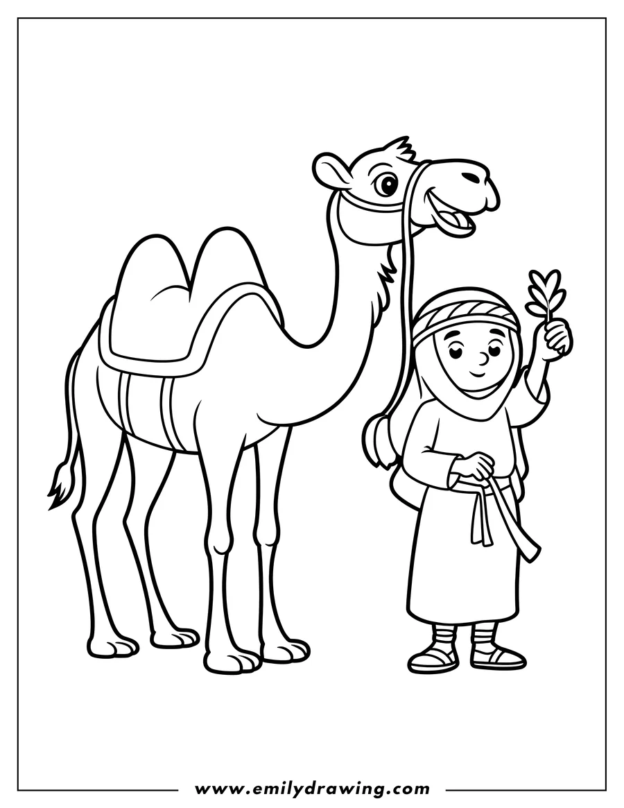 Outline of a child and a camel standing together. The child is holding a small leafy branch.