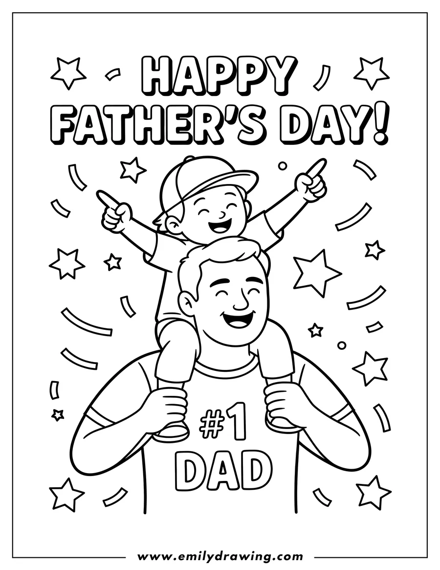 Outline of a child sitting on their dad's shoulders, both smiling. The dad's shirt has '#1 Dad' written on it, surrounded by stars and confetti.