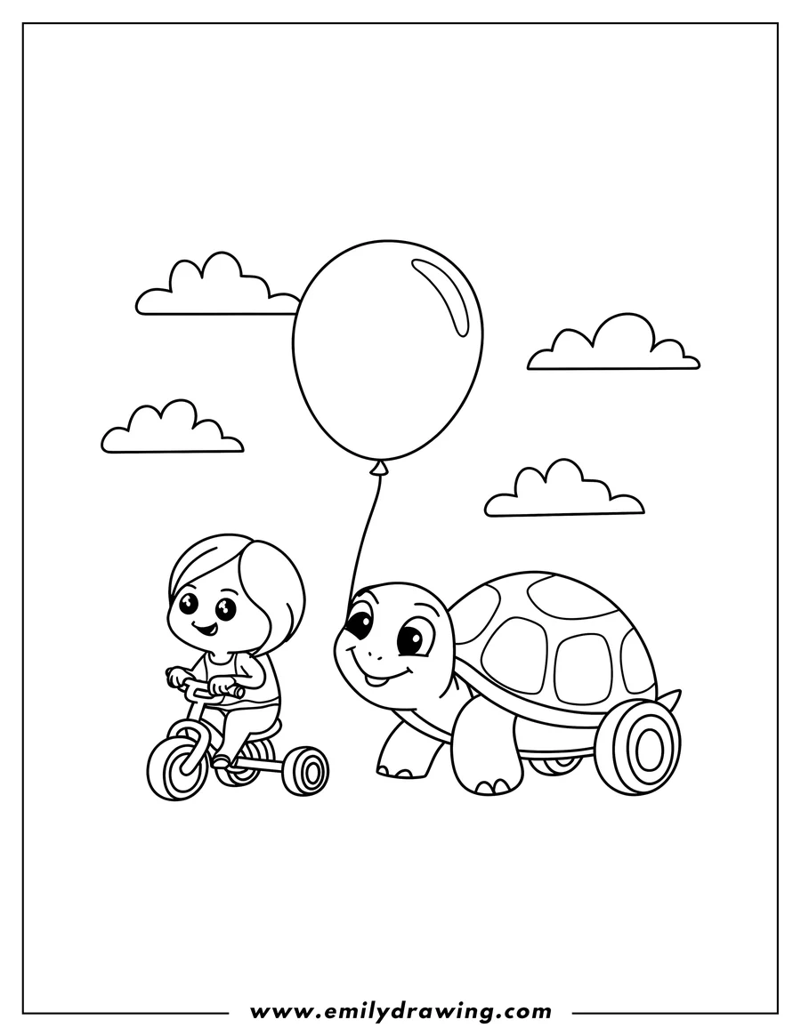 Outline of a child riding a tricycle and a turtle holding a balloon, with fluffy clouds in the background.