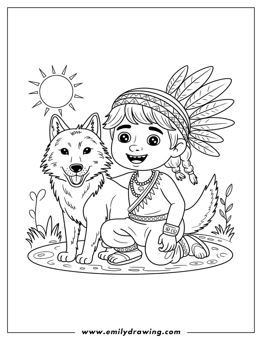 Line art of a child wearing a feathered headdress, sitting next to a friendly wolf under a shining sun.