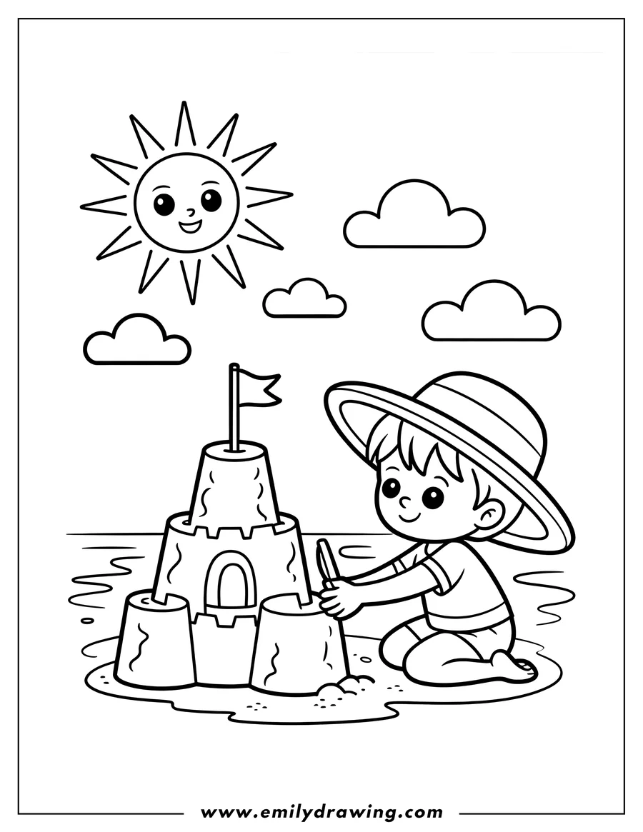 Line art of a child wearing a sun hat, kneeling and building a sandcastle on the beach with a small shovel, under a smiling sun.