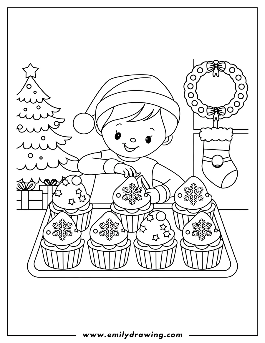 Line art of a child wearing a Santa hat decorating Christmas cupcakes with snowflakes and stars. Presents and a Christmas tree are in the background.