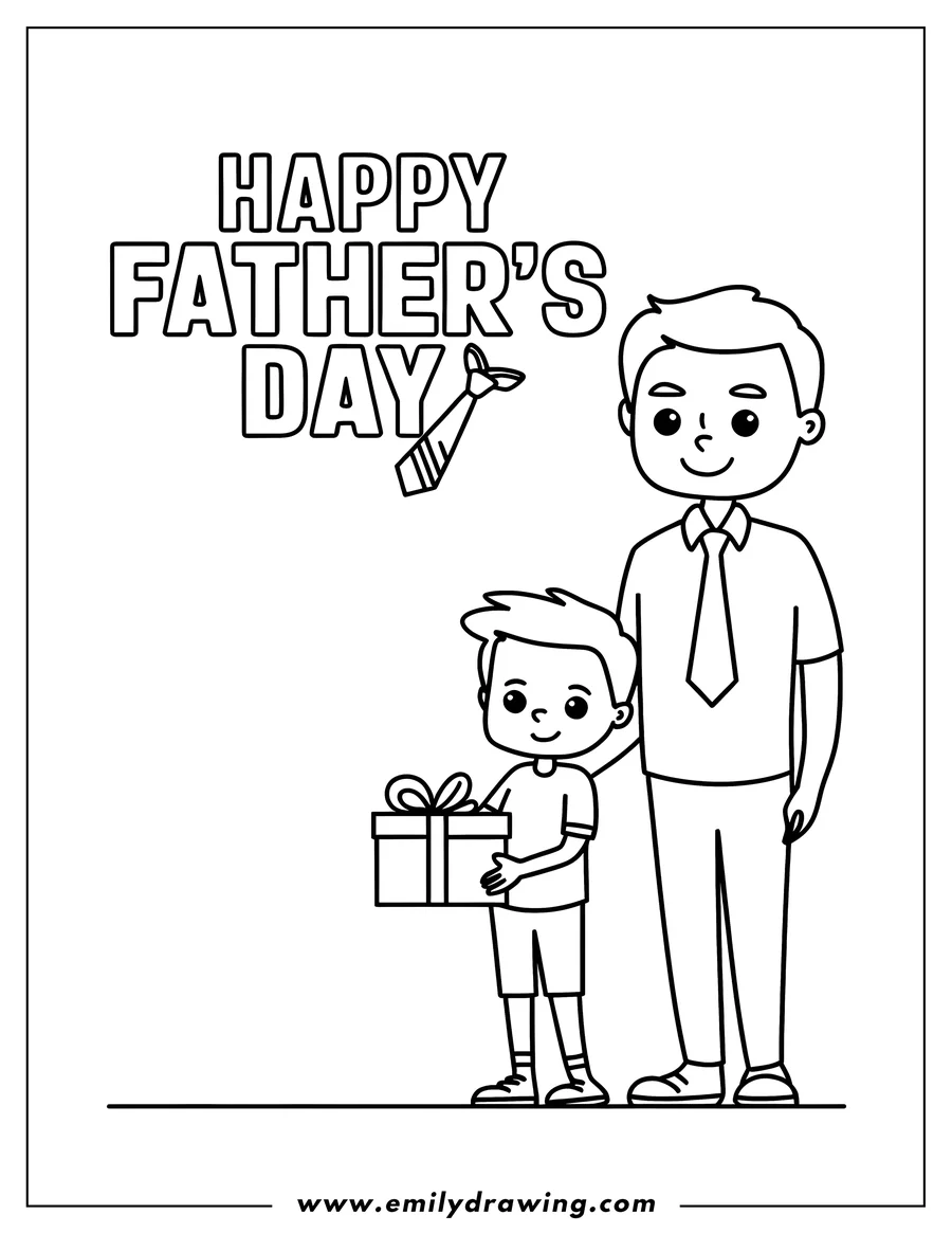 Line art of a child giving their father a wrapped present for Father's Day. The words