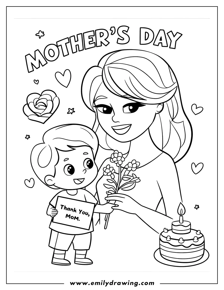 Outline of a child giving flowers to their mother for Mother's Day. The child is holding a card that says 'Thank You, Mom'. There is a cake with a candle beside them.