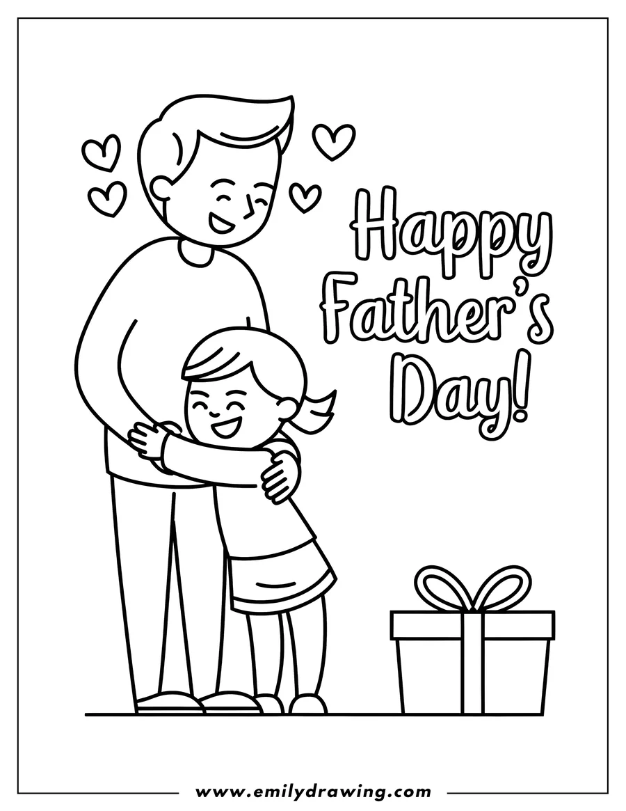 Line art of a child giving their dad a big hug for Father's Day with hearts and a gift in the background.