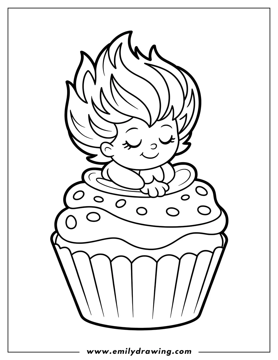 Outline of a child sleeping inside a cupcake.